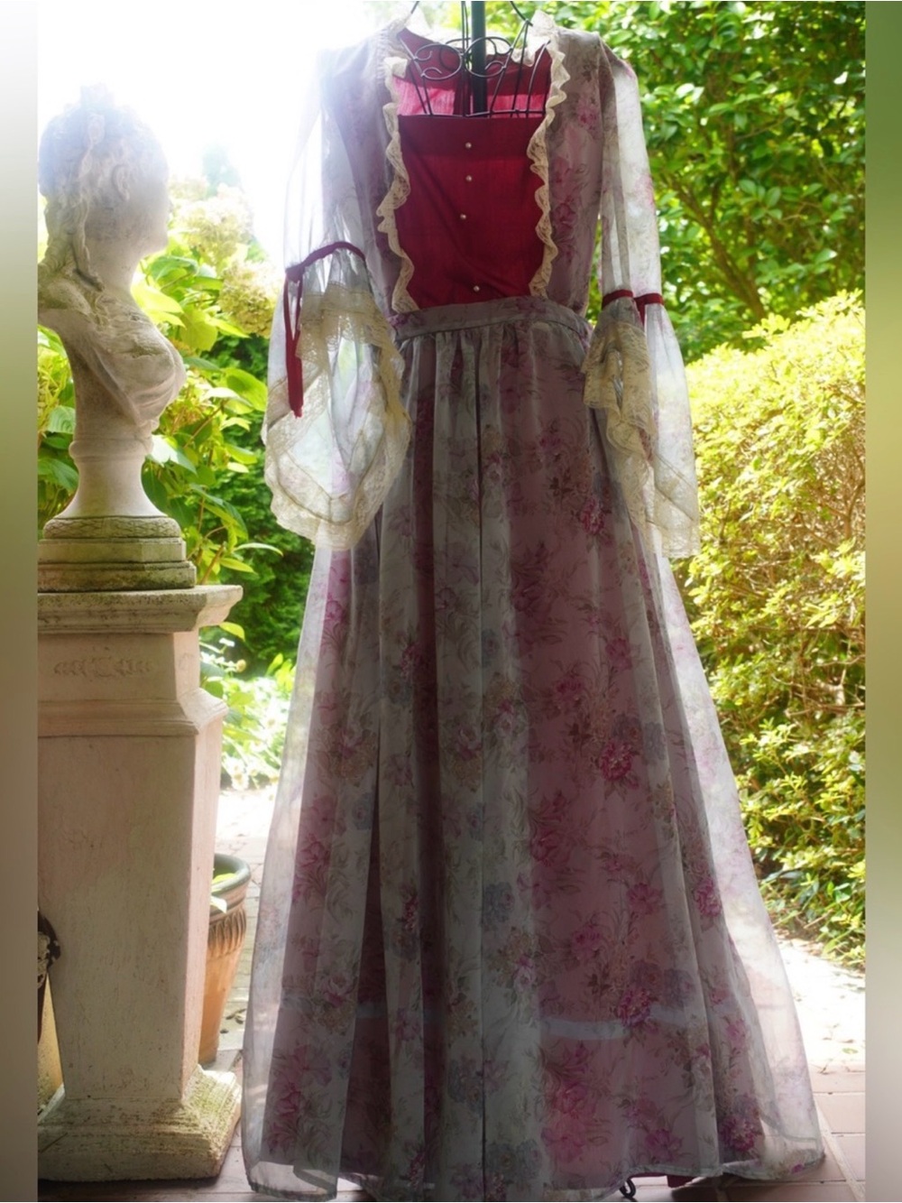 Romantic Floral Renaissance Dress with Red Corset | Victorian Fairy Tale Gown - Picture 4 of 6
